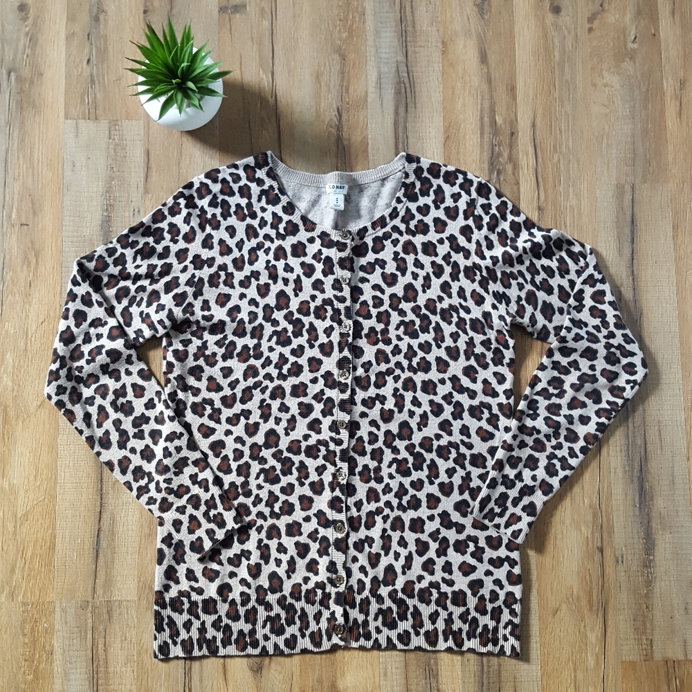 Old Navy Crewneck Cardigan Women's Size Medium Leopard Print